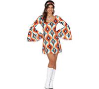 Tenue de fête Hippie 70s Schlagermusik Festival Rétro Look Bandeau Motif Carnaval Événement Robe à manches longues, Taille : 42 - 44 (L) Couleur : Multicolore