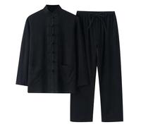 Tenue de loisirs vintage pour homme - Kung Fu Tai Chi classique - Tangzhuang - Couleur unie - Arts martiaux traditionnels chinois - Uniforme long et pantalon - 2 pièces - Respirant, O Noir., XL