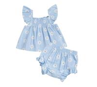 Tenue de marguerite pour bébé fille avec tunique smockée à volants et short bloomer ensemble 2 pièces vêtements d'été pour nouveau-né 0 3 6 12 18 mois, bleu, 0-3 mois