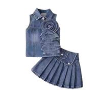 Tenue de Naissance Bebe Fille Ensemble d'été pour Filles Débardeur en Jean à Motif Fleuri et Jupe Plissée Élégante Deux Pièces Tendance (Navy, 4-5 Years)