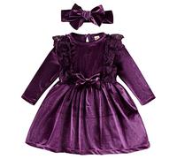 Tenue de Noël pour bébé fille - Princesse à volants en dentelle - Bowknot - Robe de Noël - Ligne A - Manches longues - Velours - Automne - Hiver - Avec bandeau - Pour anniversaire, vacances, fête