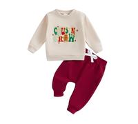 Tenue de Noël pour bébé garçon en pain d'épice cousin avec col rond brodé pull à manches longues et pantalon 2 pièces ensemble unisexe survêtement nouveau-né Noël, kaki, 4-5 Years