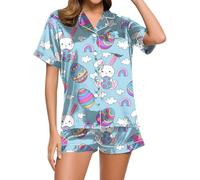 Tenue De Nuit Femme,Ensemble de Pyjama pour Femme avec Manches Courtes et col en V imprimé de Pâques et Poches boutonnées Confort Doux et Festif pour Nuits Douces (Sky Blue, M)