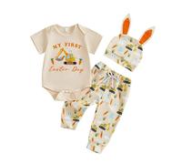 Tenue de Pâques pour bébé fille, ensemble de 3 pièces : body avec bonnet de lapin et imprimé de lettres, manches courtes et pantalon, nouveau-né/petit enfant, robe de fête pour photo, multicolore, 0-3
