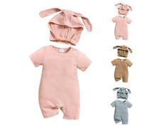 Tenue de Pâques pour Bébé Fille Garçon - Barboteuse Coton Manches Courtes avec Capuche Oreilles de Lapin - Ensemble 2 Pièces Unisexe Nouveau-né (A-Pink, 0-3 Months)