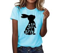 Tenue de Pâques pour femme - Manches courtes - Col rond - Imprimé lapin - T-shirt décontracté et fin - Chemisier tendance pour femmes 2024, bleu ciel, XL