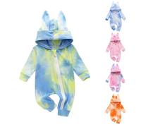 Tenue de Pâques pour Nouveau-né Bébé Fille Garçon - Barboteuse Tie Dye avec Capuche Oreilles de Lapin et Fermeture Éclair - Combinaison Manches Longues Chaude (A-Green, 9-12 Months)