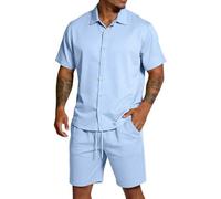 Tenue de plage décontractée 2 pièces avec manches courtes en maille - Style simple pour la vie quotidienne, les loisirs, les balades en ville, respirant, coupe confortable, peu d'élasticité, facile