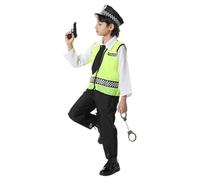 Tenue de Police pour Garçons et Filles Ensemble Policier Enfant avec Équipement Complet pour Déguisement de Fête et Activité Ludique- Chemise,Pantalon,Chapeau,Armure de Cheval,Cravate,Pistolets Jouets