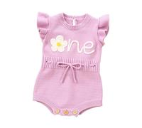 Tenue de Premier Anniversaire pour Fille, Barboteuse Florale brodée avec Cordon de Serrage en Tricot crocheté, Body pour bébé Fille, 1er Anniversaire#05