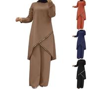 Tenue de Priere Femme Musulmane deux Pièces Chemise Manches Longues Col Rond et Pantalon Décontracté ensemble Islamique Modeste Abaya Dubaï