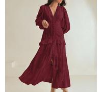 Tenue de printemps pour femme, convenant pour la Saint-Valentin, la tenue d'invitée de mariage, robe élégante à manches bouffantes et col en V avec taille marquée, dans un style français L,M,S,XLUnico