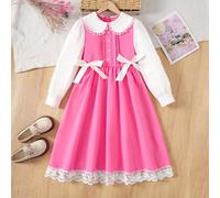 Tenue de rentrée scolaire pour jeune fille, robe ajustée à manches longues avec patchwork rose et blanc, décor de nœud 3D, col à revers, devant ouvert, style preppy vintage, carreaux délicats rose et 