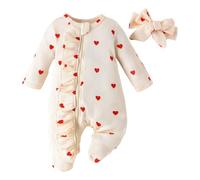 Tenue de Saint-Valentin pour Nouveau-né Fille, Barboteuse à Volants et imprimé cœur, Combinaison gaufrée, Tenue Comng He Survêtement Fille Ensemble (Beige, 0-3 Months)