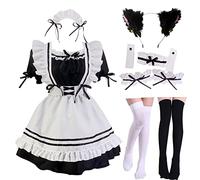 Tenue de soubrette japonaise - Tablier classique Lolita - Costume de costumade pour Halloween - Avec ensemble de chaussettes à oreilles de chat à fourrure (Asie L - US S)