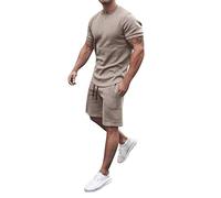 Tenue De Sport Homme Ete- Ensemble Short Tee Shirt Manches Courtes Et Taille Élastique Droit Chic Couleur Unie Coupe Ample Tailleurs Décontracté Confortable pour Plage Vacances survêtement