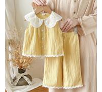 Tenue de style campagnard pour filles avec col Peter Pan, Top sans manches à ourlet brodé et pantalon long, ensemble 2 pièces pour bébé fille 6-9M,9-12M,12-18M,18-24M,2-3YBlocs de couleurJean