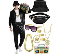Tenue de survêtement des années 80 et 90 pour homme, ensemble de jogging, ensemble de pantalon, sac banane gonflable, chapeau de soleil, collier, bracelet, bague, vêtement de sport, hip hop, carnaval