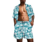 Tenue de Voyage pour Hommes Imprimé Tropical à Manches Courtes Bouton Chemise hawaïenne Shorts à Cordon de Serrage Ensembles de survêtement 2 pièces