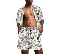 Tenue de Voyage pour Hommes Imprimé Tropical à Manches Courtes Bouton Chemise hawaïenne Shorts à Cordon de Serrage Ensembles de survêtement 2 pièces