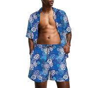 Tenue de Voyage pour Hommes Imprimé Tropical à Manches Courtes Bouton Chemise hawaïenne Shorts à Cordon de Serrage Ensembles de survêtement 2 pièces