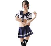Tenue d'écolière coquine pour femmes - Costume de marin Lolita japonais - Ensemble lingerie avec bas - Bleu - Taille XXXL (M)