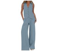 Tenue décontractée 2026 2 pièces en coton pour femme, gilet sans manches avec boutonnière, pantalon droit avec jambes larges et poches, combinaison élégante pour femme, bleu, bleu clair, XXL