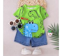 Tenue décontractée de printemps et d'été pour bébé garçon - T-shirt à col rond à manches courtes imprimé avec "HELLO Dinosaure" coloré, associé à des shorts en jean classiques, pour un style adorable