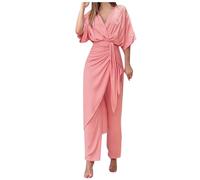 Tenue décontractée pour femme - Col en V - Couleur unie - Deux pièces - Combinaison cigale - Couleur unie - Cravate à manches longues - Costume décontracté - Printemps été - Ensemble ample pour