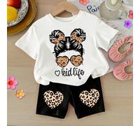 Tenue décontractée pour fille, avec col rond, manches courtes, convenant au printemps et à l'été, motifs : fille cool, cœur léopard, fille mignonne, fille bébé 6-9M,9-12M,12-18M,18-24M,2-3YPortrait,Gé