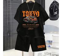 Tenue décontractée pour jeune garçon : T-shirt à manches courtes avec imprimé lettres et voitures de course, et short assorti 6Y,7Y,8Y,4Y,5Y,2-3YLettresPolyester