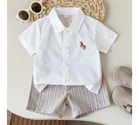 Tenue décontractée printemps/été pour bébé garçon : Chemise à rayures col chemisier à manches courtes assortie à un ensemble de shorts en jean délavé 6-9M,9-12M,12-18M,18-24M,2-3Y,3-6MRayéJean,Étoffe