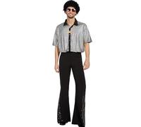 Tenue des années 80 pour homme - Chemise à manches courtes - Pantalon évasé - Perruque - Collier - Moustache - Lunettes de soleil - Pour cosplay, Halloween, fête, carnaval, argenté, XXXL