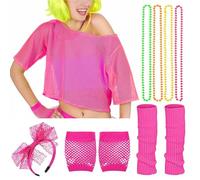 Tenue des Années 90 et 80 pour Femme, Ensemble Haut en Résille avec Gants en Maille Bandeau Rose Boucles d'oreilles gant, Kit Annee 80 Femme Accessoires Carnaval Vêtements D'aérobic Fête Thème