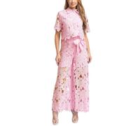 Tenue d'été 2 pièces élégante en dentelle ajourée à manches courtes avec chemisier boutonné et pantalon à jambe large, rose, L