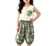 Tenue d'été 2 pièces pour fille imprimée de style bohème avec débardeur caraco sans manches en maille brodée, pantalon de jogging hippie décontracté, léger et élégant pour les journées décontractées