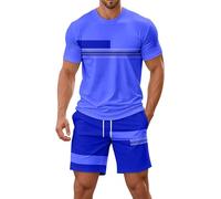 Tenue d'été 2 pièces pour homme avec t-shirt à manches courtes et short - Ensemble décontracté à rayures - Costume de Noël pour homme, bleu, 5XL