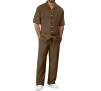 Tenue d'été 2 pièces pour homme - En coton rayé - Long pyjama doux - Deux pièces - Manches courtes - Boutonnées - Chemise à revers - Pantalon respirant - Combinaison de plage simple, café, XXL