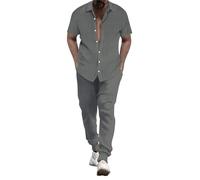 Tenue d'été 2 pièces pour homme - En coton rayé - Long pyjama doux - Deux pièces - Manches courtes - Boutonnées - Chemise à revers - Pantalon respirant - Combinaison de plage simple, gris, L