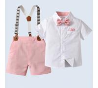 Tenue d'été pour bébé garçon de style gentleman - Chemise blanche avec nœud papillon et short rose à bretelles. à la mode pour les fêtes d'anniversaire, le 1er anniversaire, la Saint-Valentin 6Y,7Y,4Y