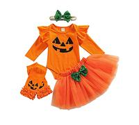 Tenue d'halloween Nouveau-né Bébé Fille Ensemble de Vêtements 3 pièces Barboteuse à Manches Longues Volants et Jupe Tutu Tulle à Bowknot + Bandeau (Orange 1, 18-24 Mois)