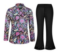 Tenue Disco pour Hommes des années 70, Chemise à Fleurs rétro, Pantalon évasé, Ensemble Deux pièces pour Spectacle sur scène Costume Extra Fit