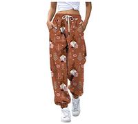 Tenue du Nouvel An Femmes Pantalon de jogging de Noël confortable pour femmes avec string élastique Taille haute coloré Imprimé Super doux Hiver, café, L