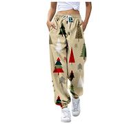 Tenue du Nouvel An Femmes Pantalon de jogging de Noël confortable pour femmes avec string élastique Taille haute coloré Imprimé Super doux Hiver, beige, L
