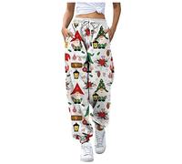 Tenue du Nouvel An Femmes Pantalon de jogging de Noël confortable pour femmes avec string élastique Taille haute coloré Imprimé Super doux Hiver, Blanc., L