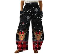 Tenue du Nouvel An Femmes Pantalon Mode Ample Imprimé Noël Grandes Poches Pantalons décontractés Largeur de pantalon qui va droit sur des pantalons décontractés amples, Noir , XL