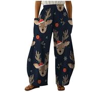 Tenue du Nouvel An Femmes Pantalon Mode Ample Imprimé Noël Grandes Poches Pantalons décontractés Largeur de pantalon qui va droit sur des pantalons décontractés amples, Marine, L