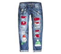 Tenue du Nouvel An pour femme - Jean tendance avec imprimé bonhomme de neige - Taille moyenne - Jambe droite pour femme, bleu clair, M