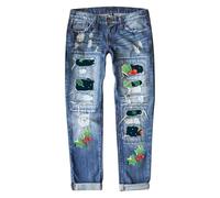 Tenue du Nouvel An pour femme - Jean tendance pour femme - Taille moyenne - Jambe droite - Imprimé de Noël, bleu foncé, M