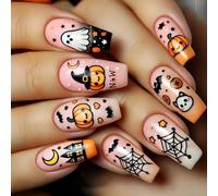 Tenue effrayante chic en forme de citrouille avec motif toile d'araignée, ongles en ABS réutilisables pour célébrations d'Halloween et soirée costumée, chauve-souris, clou de citrouille, art